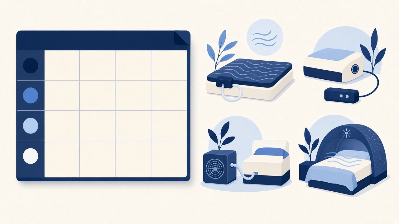 Illustration of a comparison chart beside four different bed cooling devices